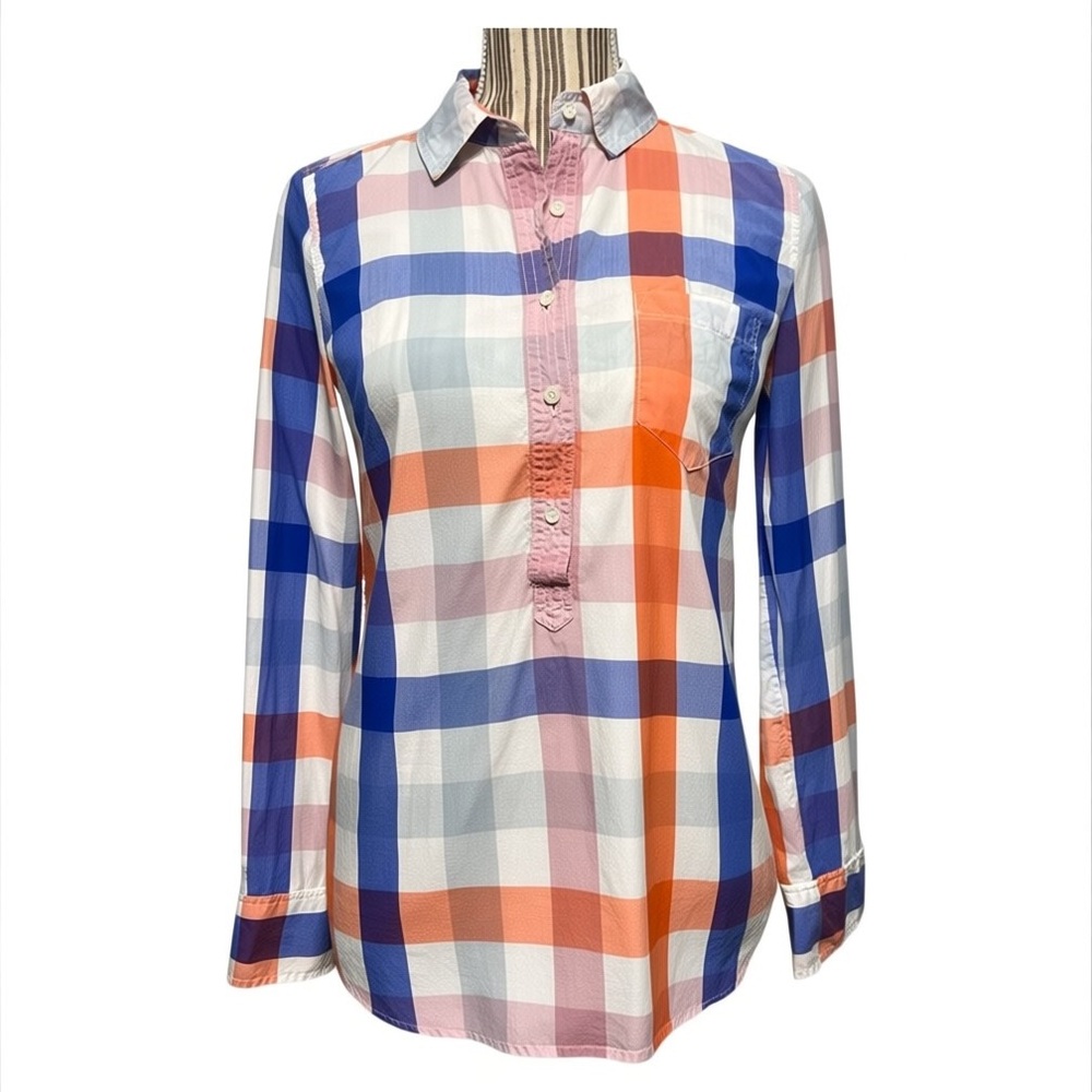 JCrew top blouse pullover button collared plaid stripes size 4 cotton white blue